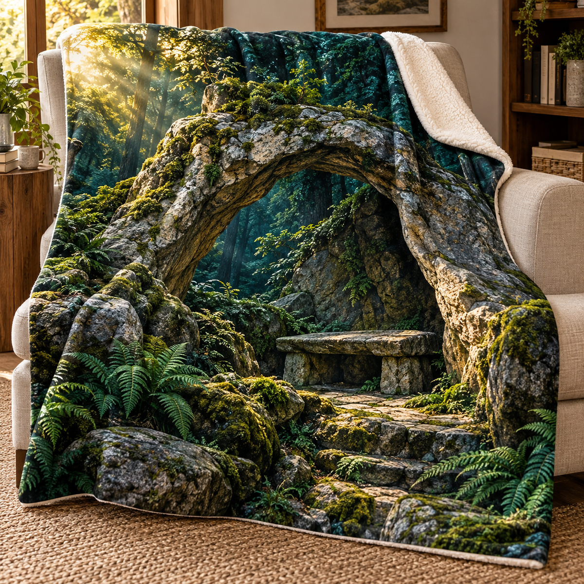 Moss Moonstone Resting Alcove Sherpa & Fleece Blanket with printed optical 3D artwork in its use setting