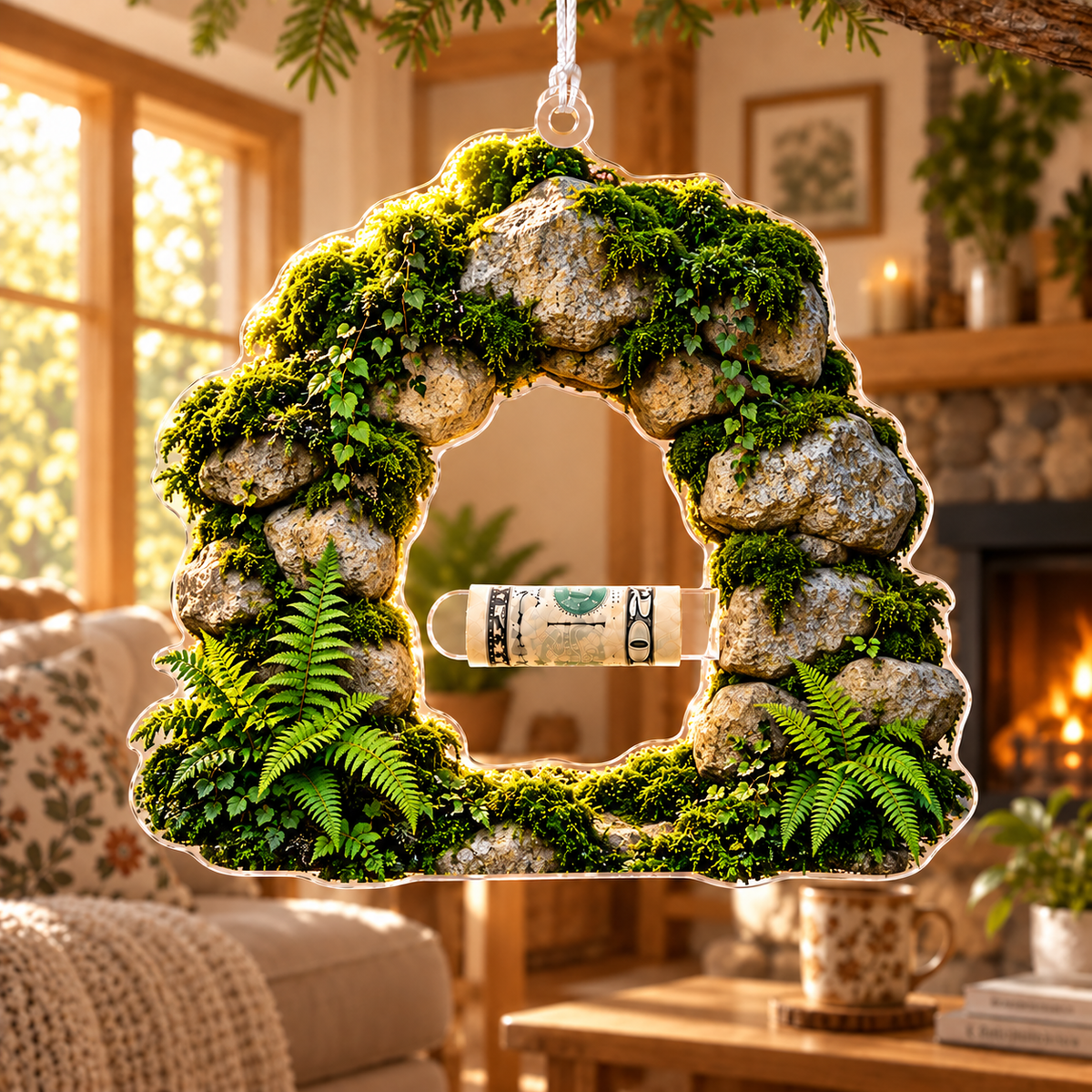 Moss Moonstone Resting Alcove Acrylic Cash Holder Ornament with printed optical 3D artwork in its use setting