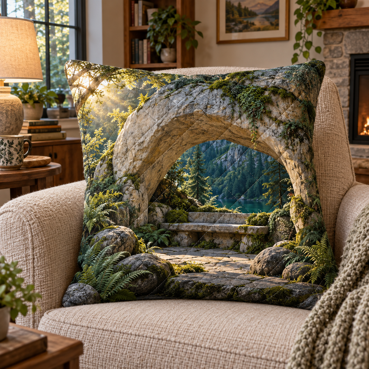 Moss Moonstone Resting Alcove Quilted Cushion Cover with printed optical 3D artwork in its use setting