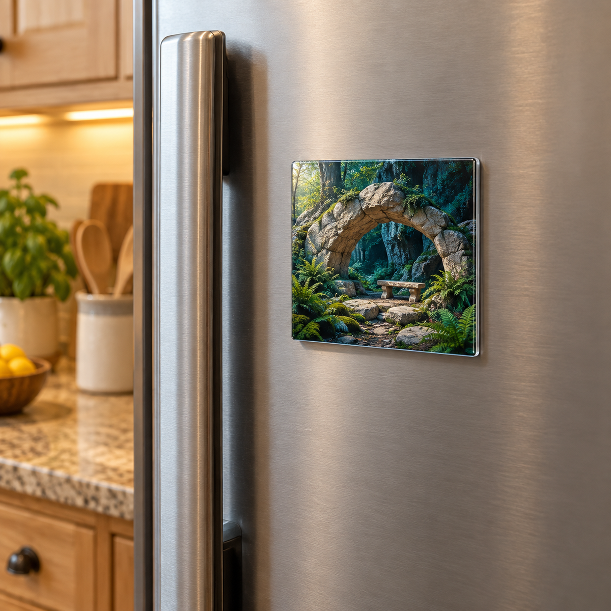 Moss Moonstone Resting Alcove Acrylic Refrigerator Magnet with printed optical 3D artwork in its use setting