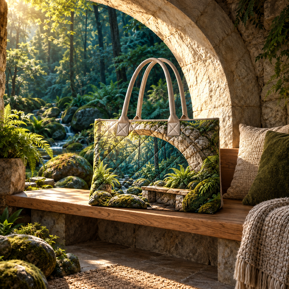 Moss Moonstone Resting Alcove Quilted Tote Bag with printed optical 3D artwork in its use setting