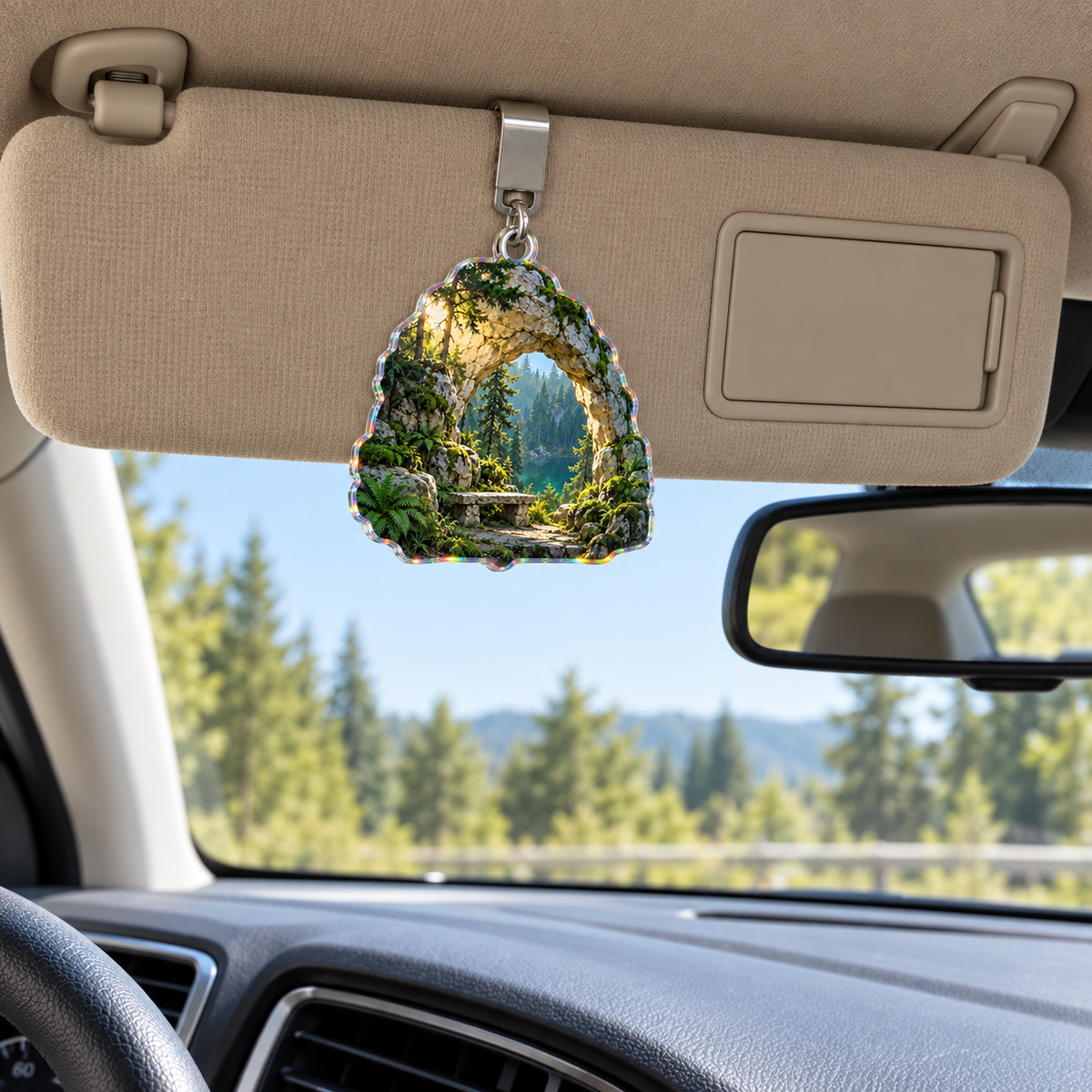 Moss Moonstone Resting Alcove Holographic Car Visor Clip with printed optical 3D artwork in its use setting