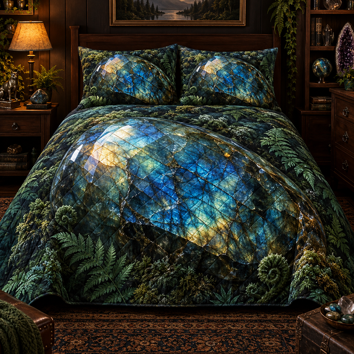 Moss Labradorite Treasure Quilted Bedding Set with printed optical 3D artwork in its use setting