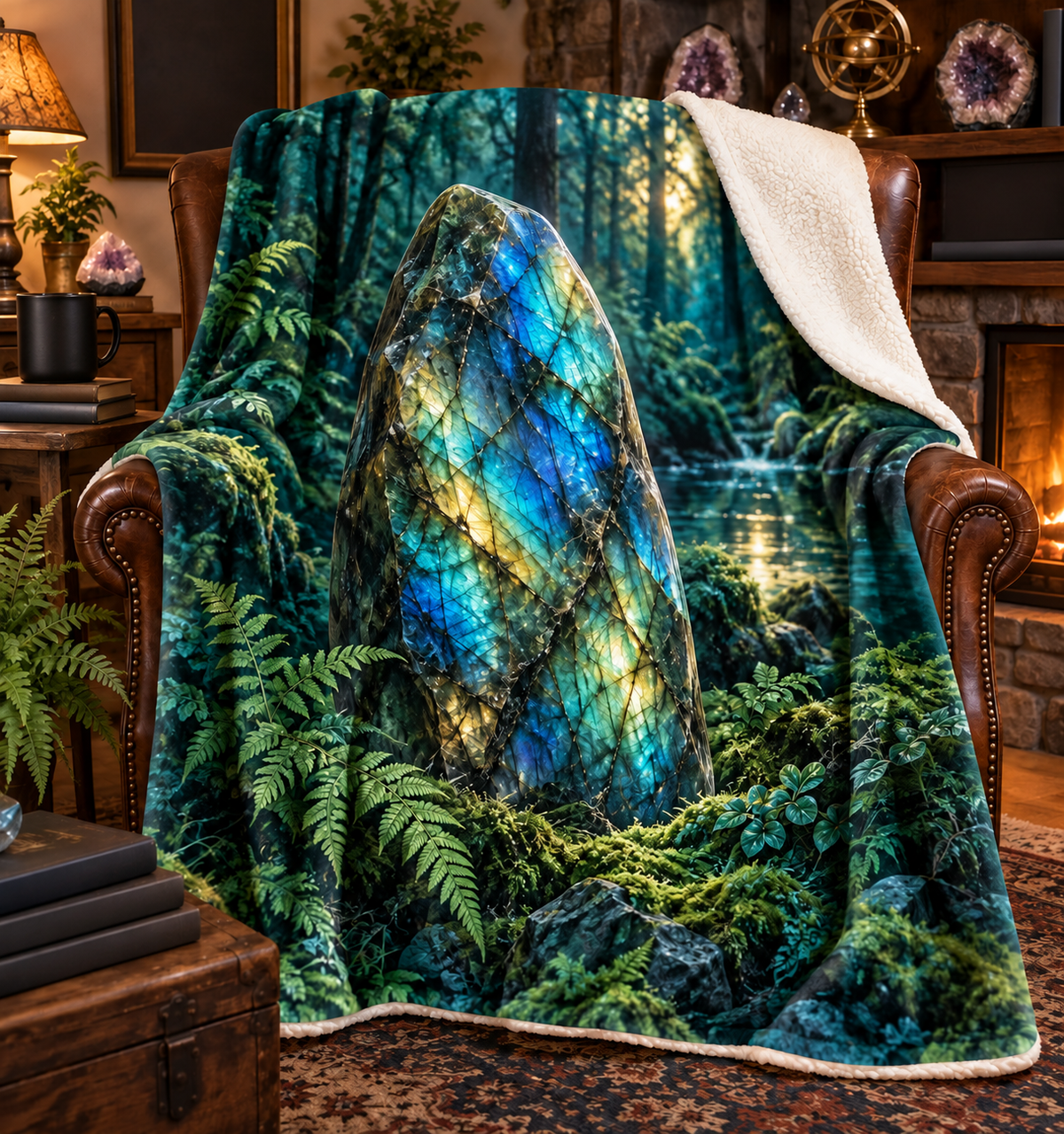 Moss Labradorite Treasure Sherpa & Fleece Blanket with printed optical 3D artwork in its use setting