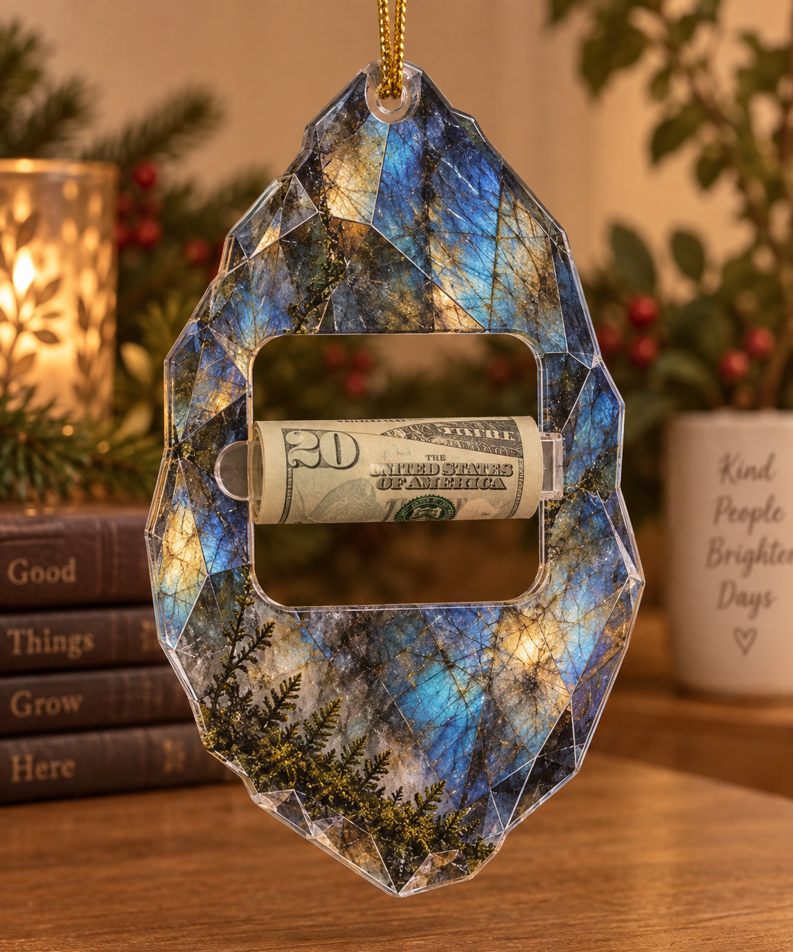 Moss Labradorite Treasure Acrylic Cash Holder Ornament with printed optical 3D artwork in its use setting