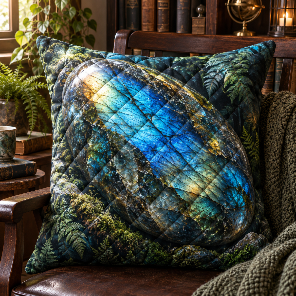 Moss Labradorite Treasure Quilted Cushion Cover with printed optical 3D artwork in its use setting