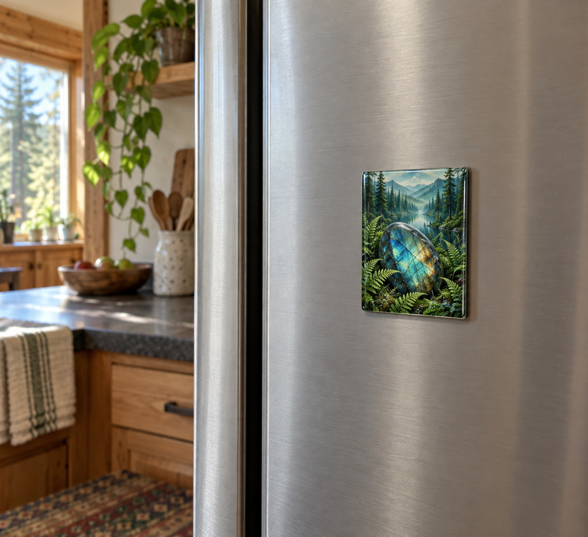 Moss Labradorite Treasure Acrylic Refrigerator Magnet with printed optical 3D artwork in its use setting