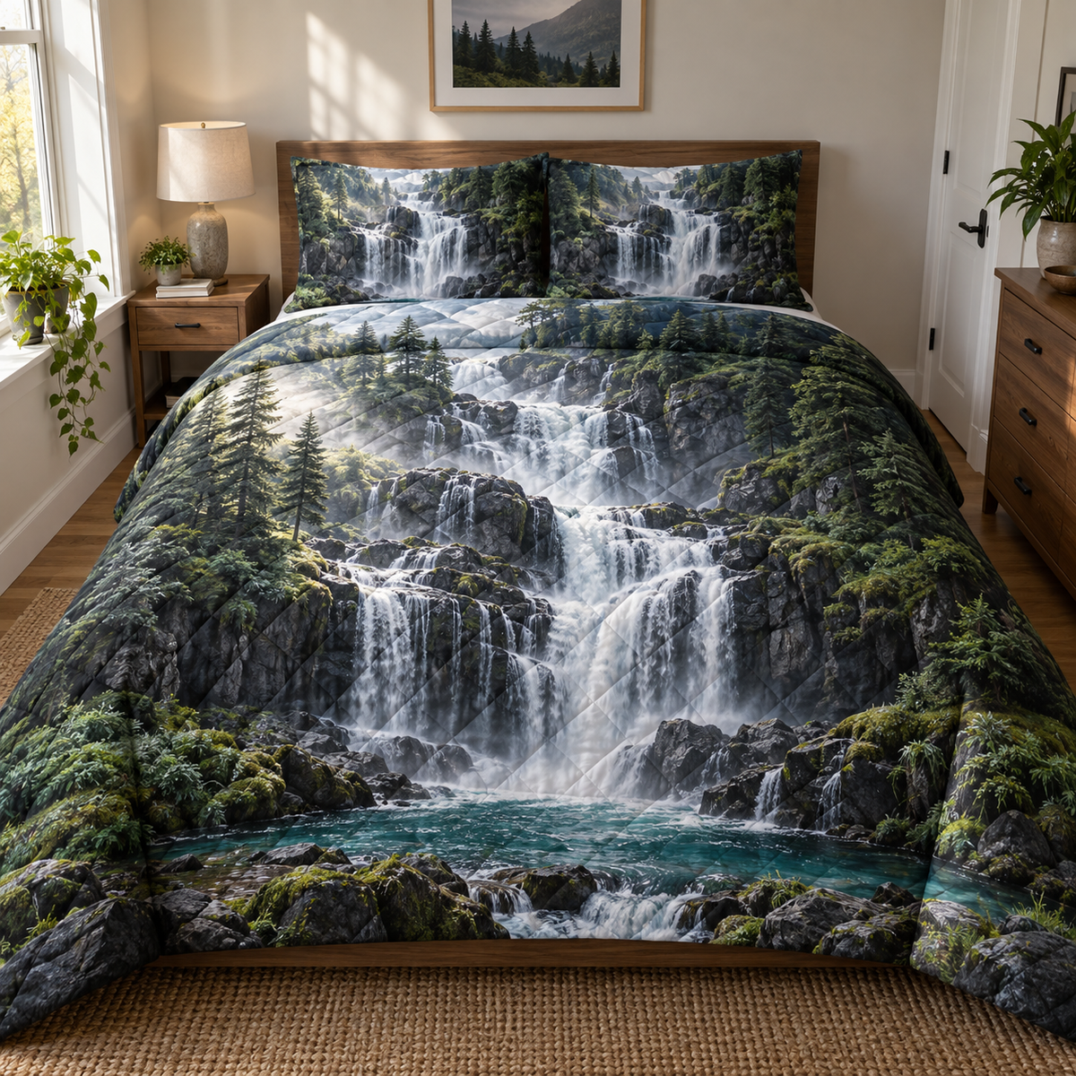 Moss Basalt Waterfall Gallery Quilted Bedding Set with printed optical 3D artwork in its use setting