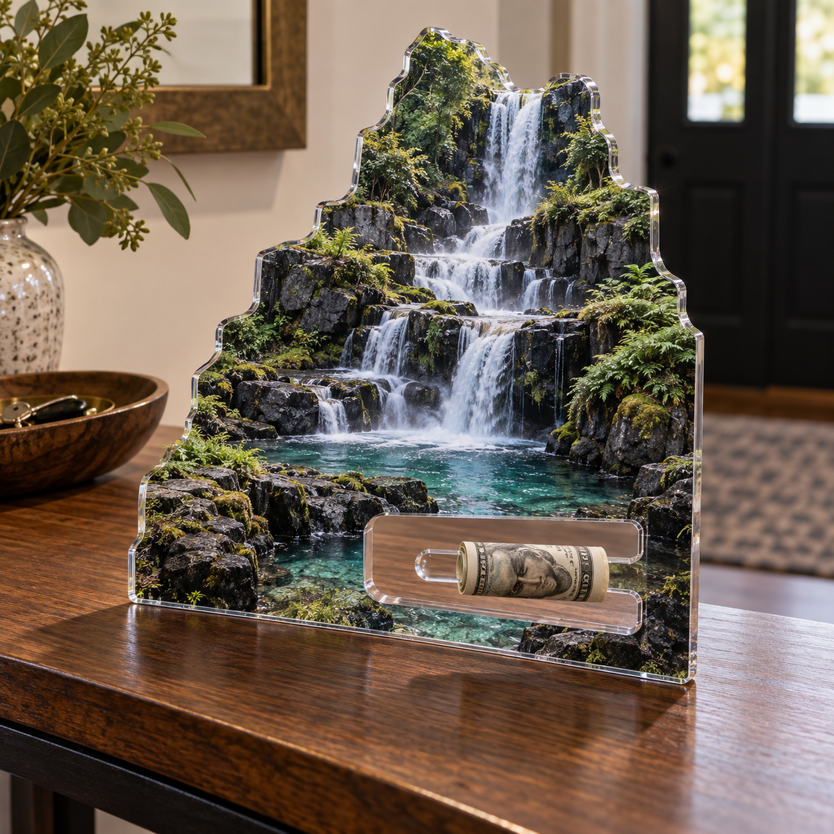 Moss Basalt Waterfall Gallery Acrylic Cash Holder Ornament with printed optical 3D artwork in its use setting
