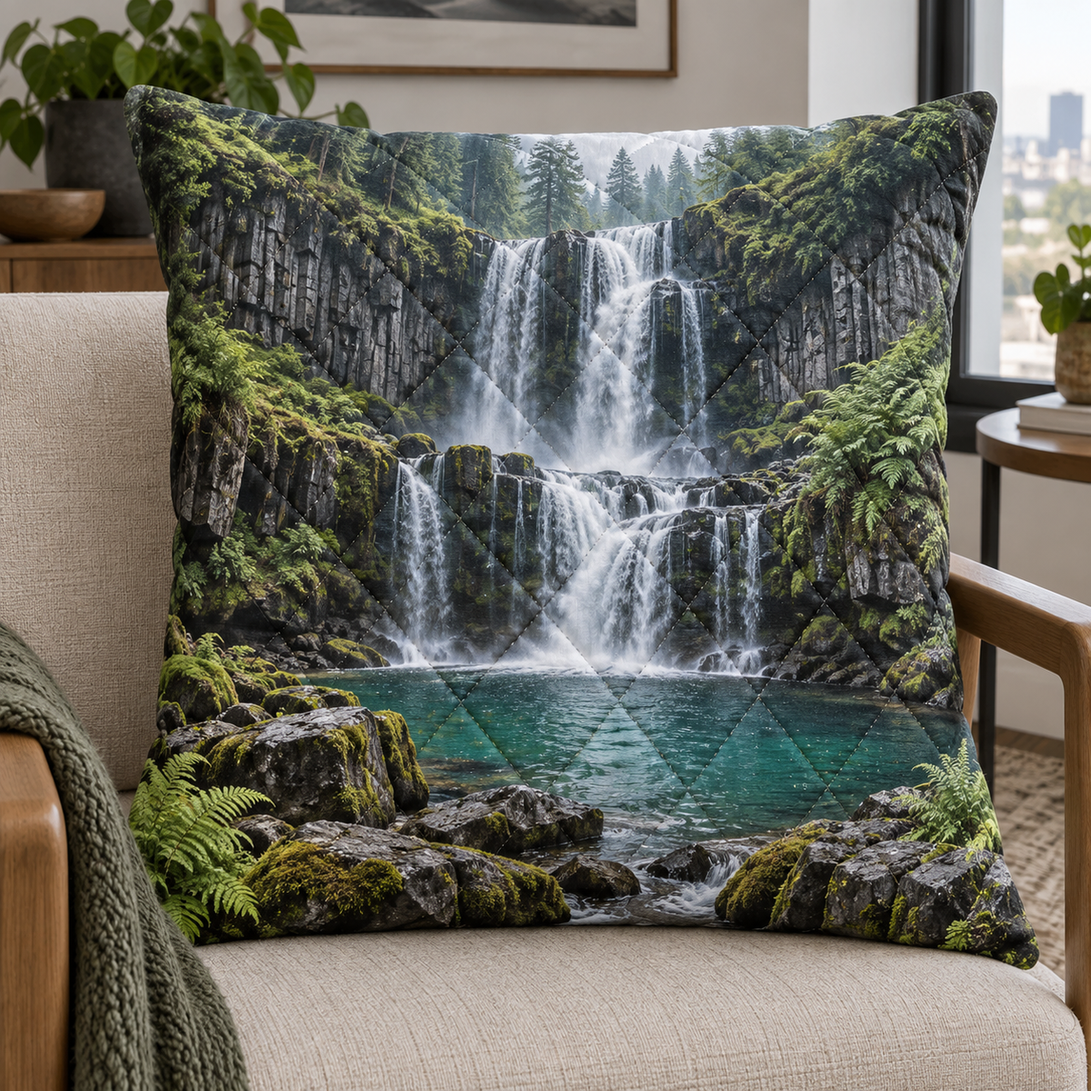 Moss Basalt Waterfall Gallery Quilted Cushion Cover with printed optical 3D artwork in its use setting