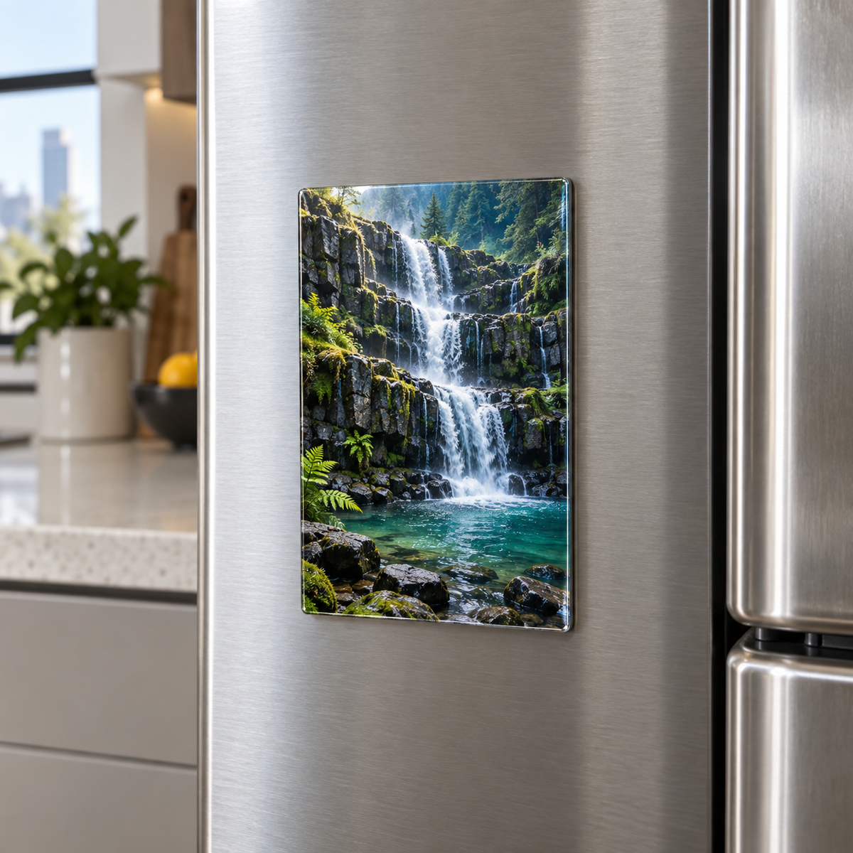 Moss Basalt Waterfall Gallery Acrylic Refrigerator Magnet with printed optical 3D artwork in its use setting