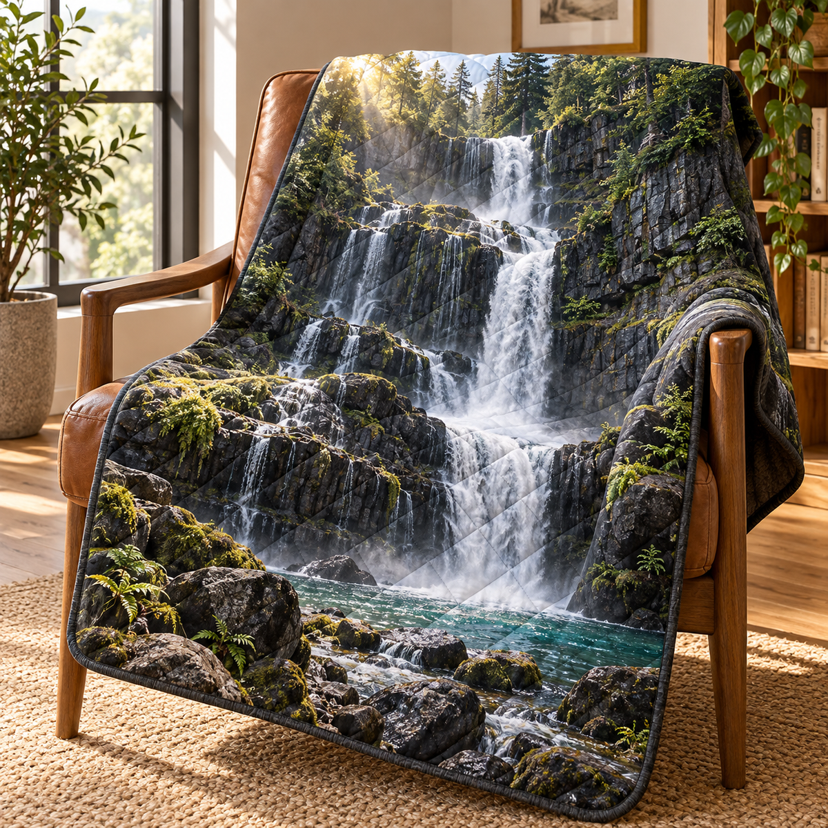 Moss Basalt Waterfall Gallery Quilt Blanket with printed optical 3D artwork in its use setting