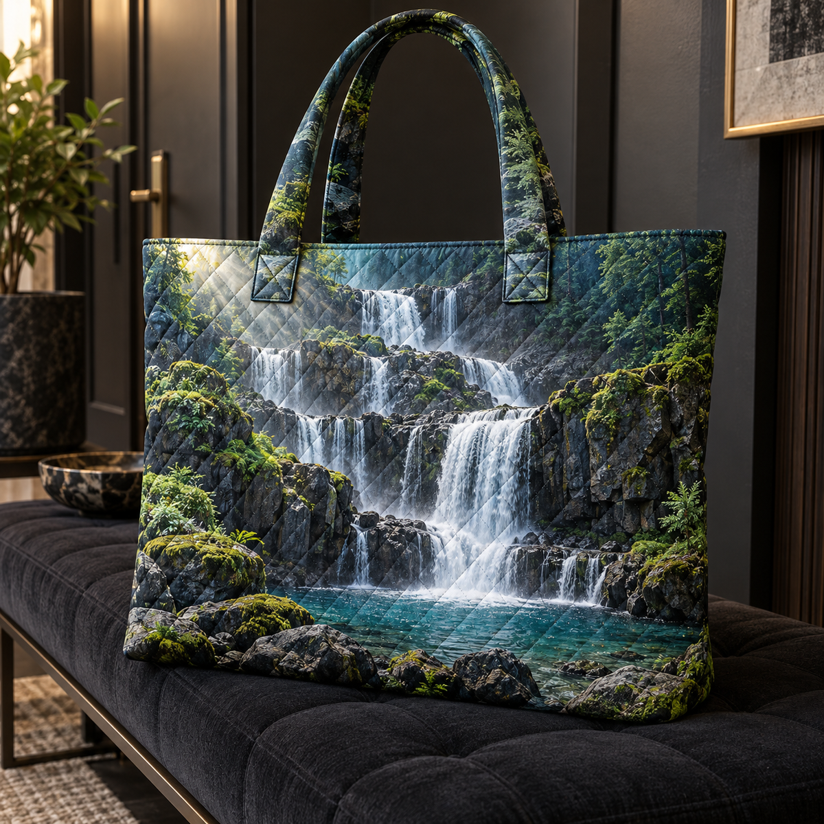 Moss Basalt Waterfall Gallery Quilted Tote Bag with printed optical 3D artwork in its use setting