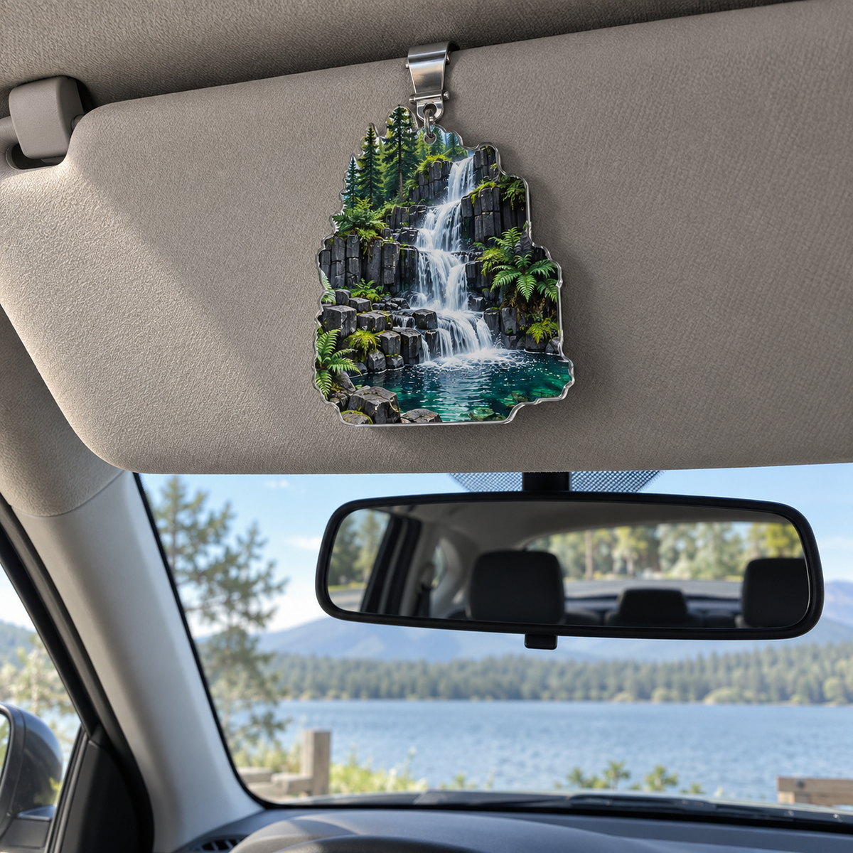 Moss Basalt Waterfall Gallery Holographic Car Visor Clip with printed optical 3D artwork in its use setting
