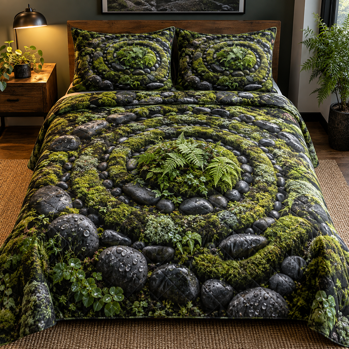 Moss Stone Labyrinth Studio Quilted Bedding Set with printed optical 3D artwork in its use setting