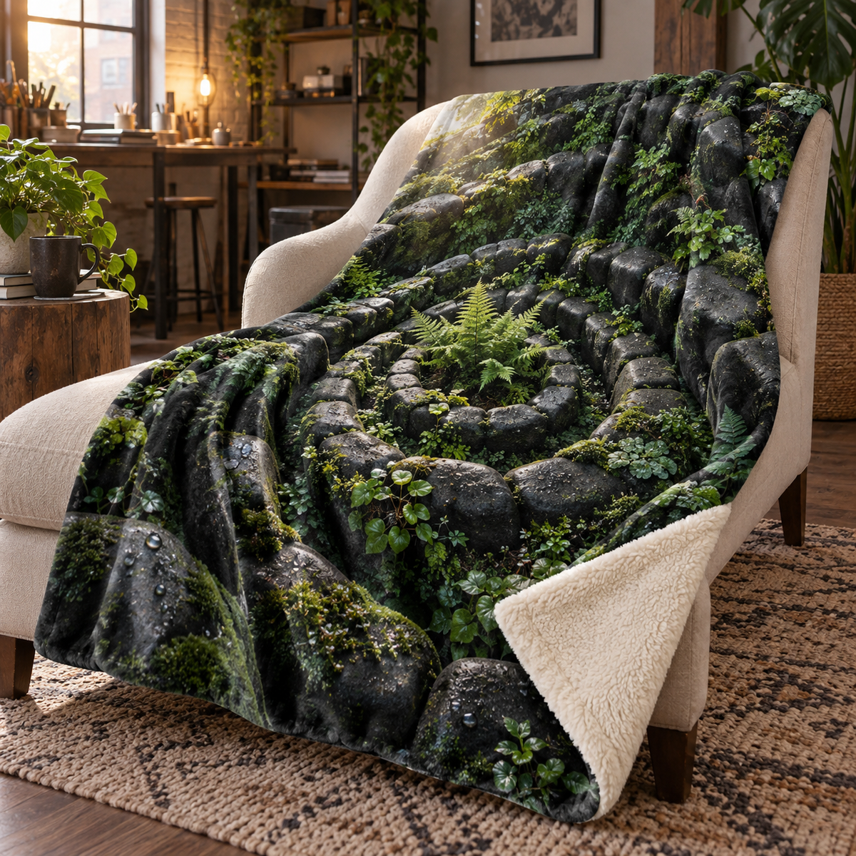 Moss Stone Labyrinth Studio Sherpa & Fleece Blanket with printed optical 3D artwork in its use setting