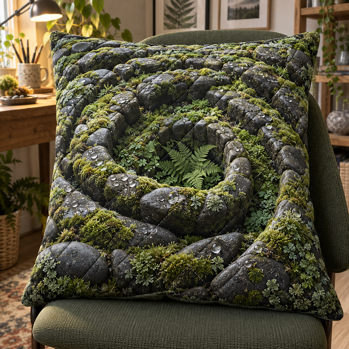 Moss Stone Labyrinth Studio Quilted Cushion Cover with printed optical 3D artwork in its use setting