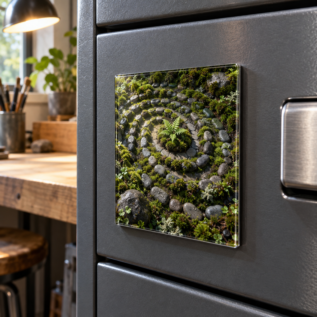 Moss Stone Labyrinth Studio Acrylic Refrigerator Magnet with printed optical 3D artwork in its use setting