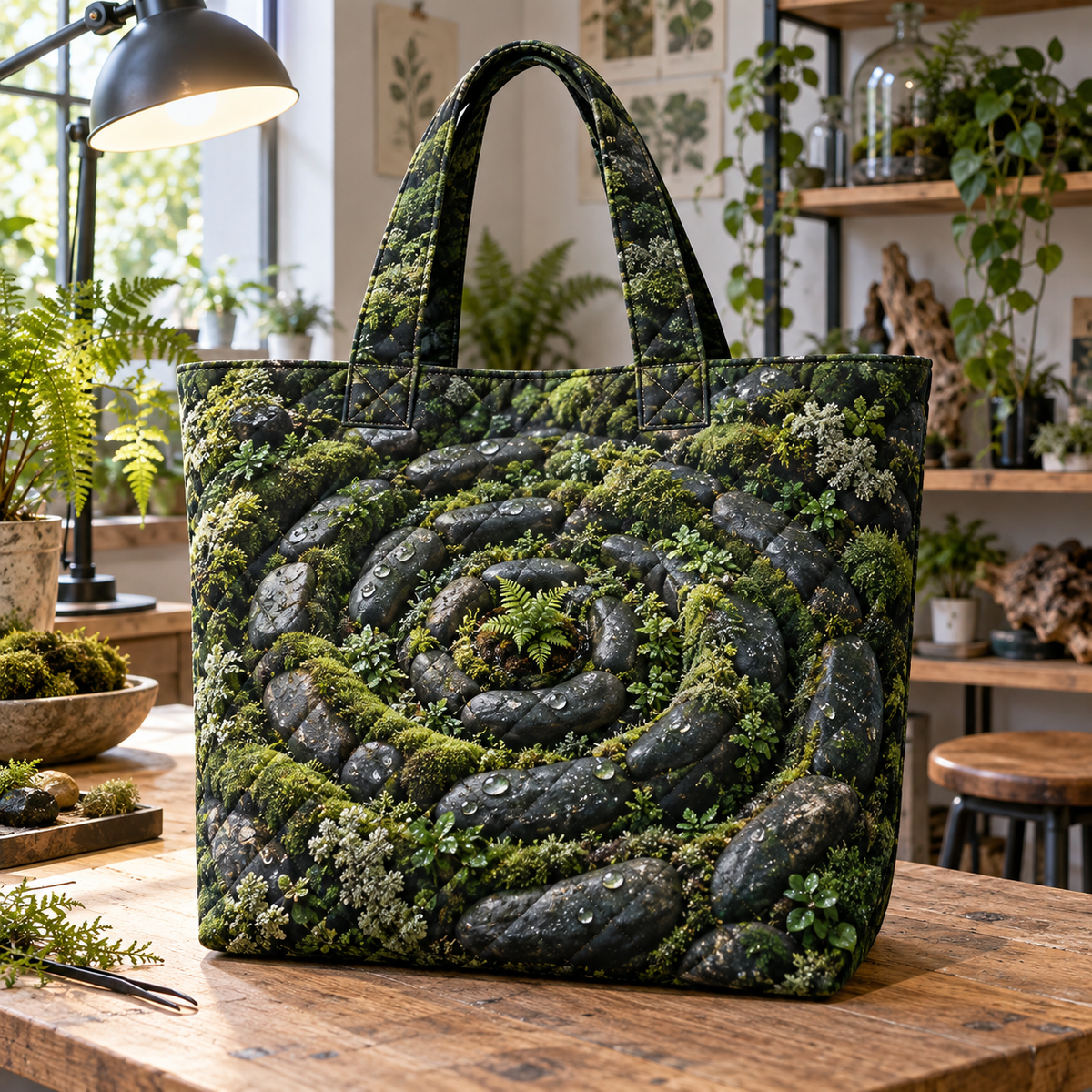 Moss Stone Labyrinth Studio Quilted Tote Bag with printed optical 3D artwork in its use setting