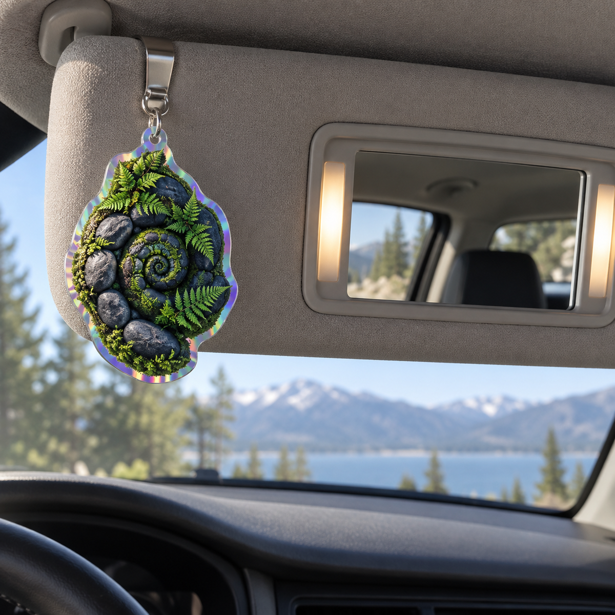 Moss Stone Labyrinth Studio Holographic Car Visor Clip with printed optical 3D artwork in its use setting
