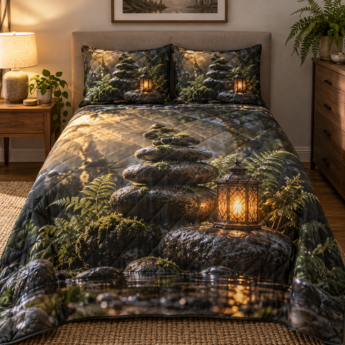 Moss Stone Lantern Welcome Quilted Bedding Set with printed optical 3D artwork in its use setting