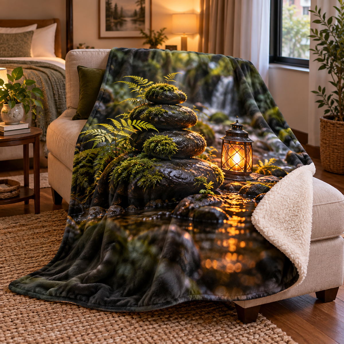 Moss Stone Lantern Welcome Sherpa & Fleece Blanket with printed optical 3D artwork in its use setting