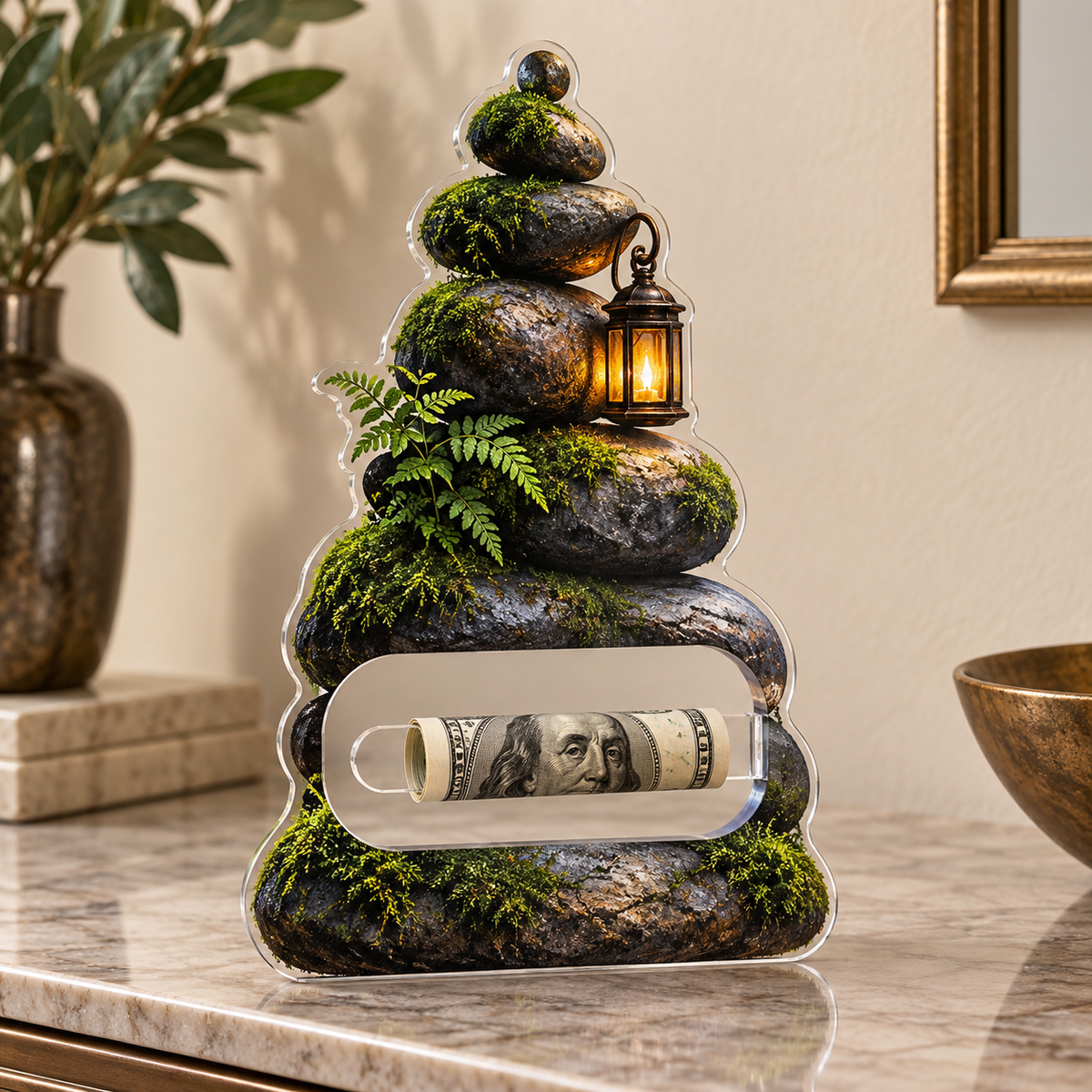 Moss Stone Lantern Welcome Acrylic Cash Holder Ornament with printed optical 3D artwork in its use setting