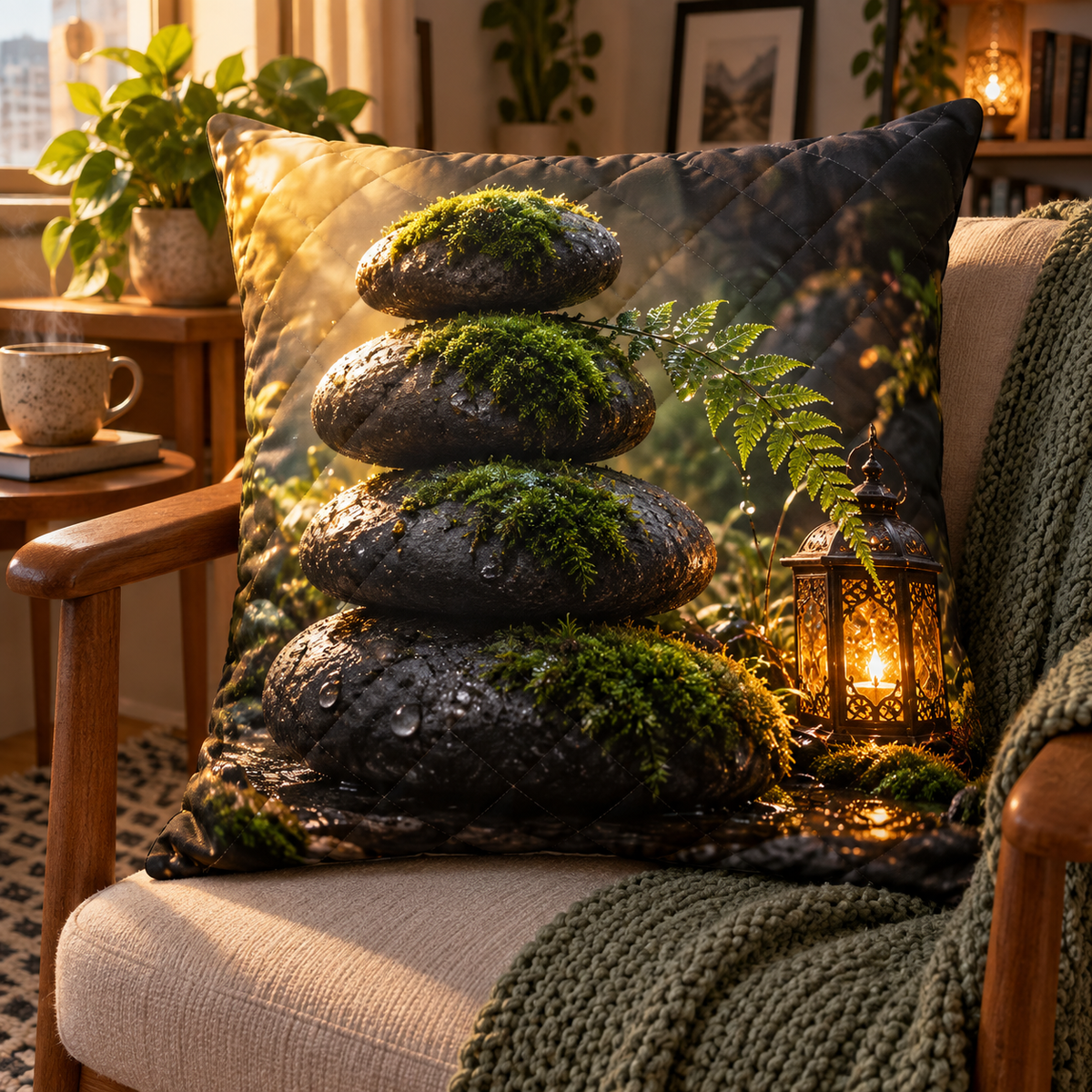 Moss Stone Lantern Welcome Quilted Cushion Cover with printed optical 3D artwork in its use setting