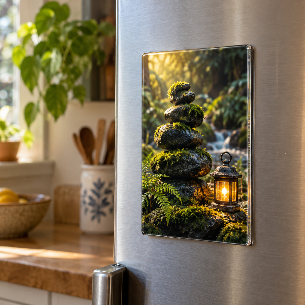 Moss Stone Lantern Welcome Acrylic Refrigerator Magnet with printed optical 3D artwork in its use setting