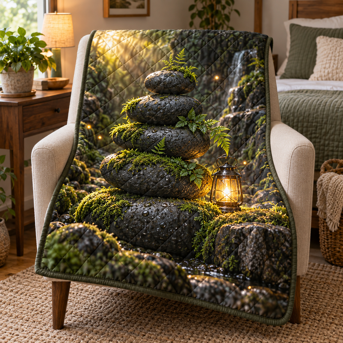 Moss Stone Lantern Welcome Quilt Blanket with printed optical 3D artwork in its use setting