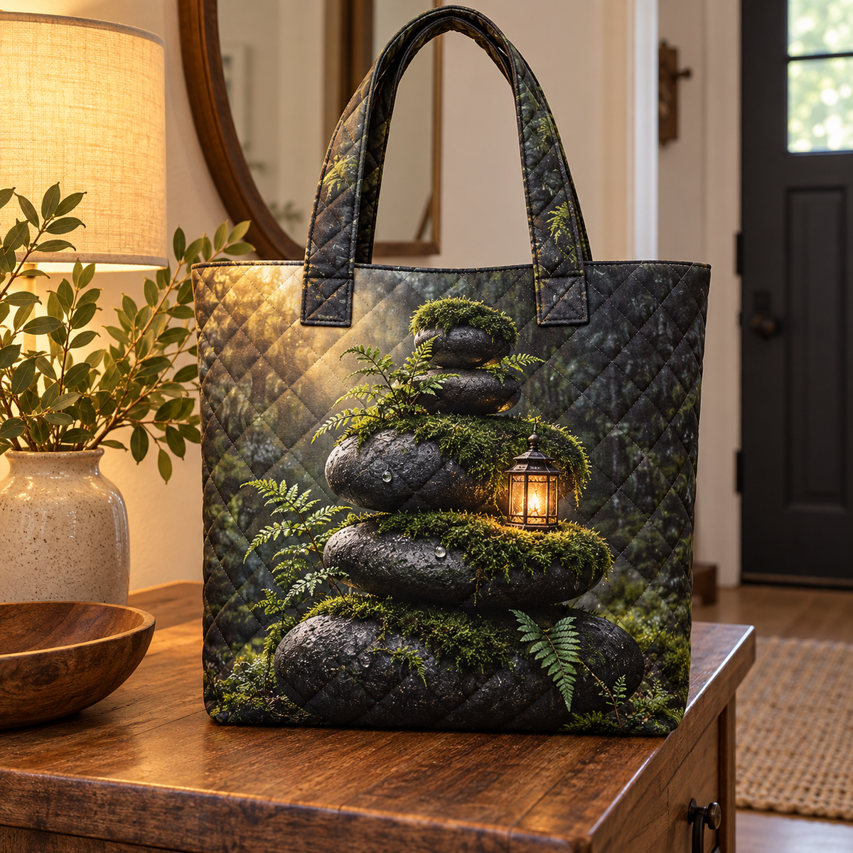 Moss Stone Lantern Welcome Quilted Tote Bag with printed optical 3D artwork in its use setting