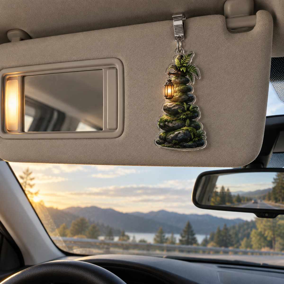 Moss Stone Lantern Welcome Holographic Car Visor Clip with printed optical 3D artwork in its use setting