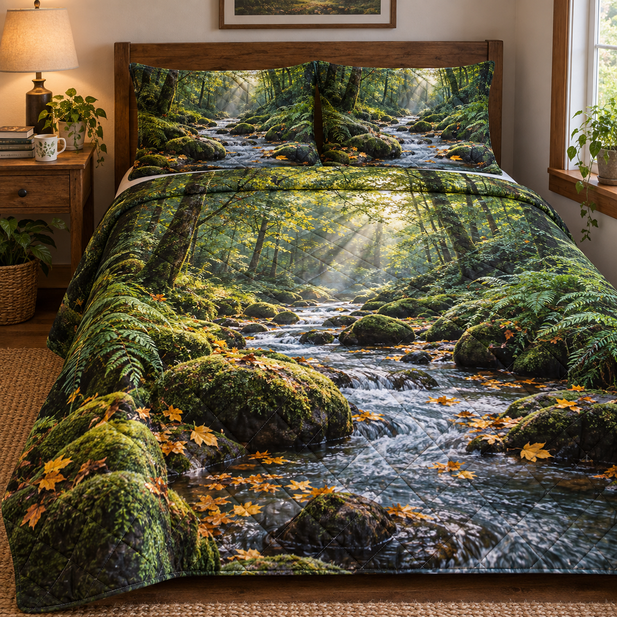 Fernlight Forest Stream Nook Quilted Bedding Set with printed optical 3D artwork in its use setting