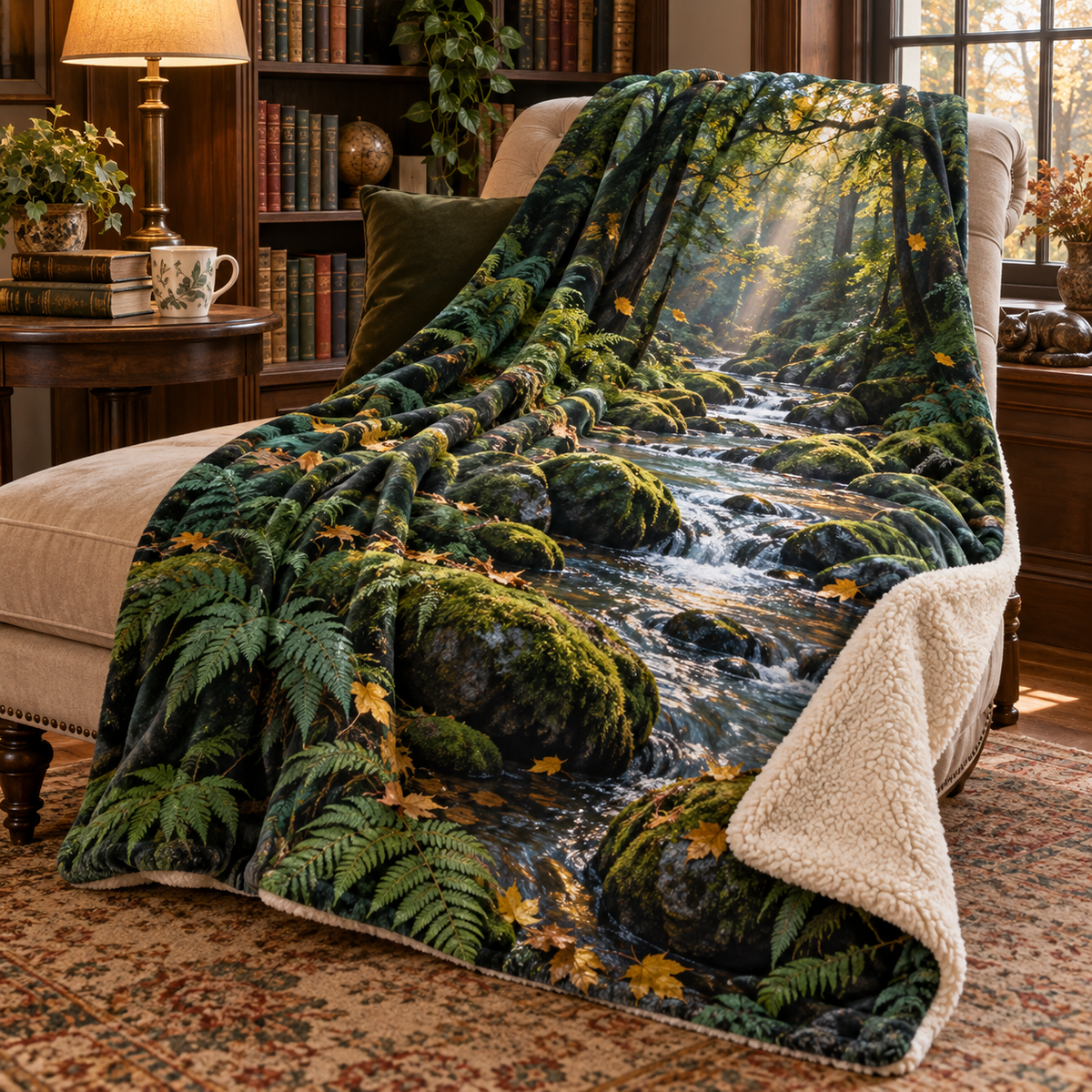Fernlight Forest Stream Nook Sherpa & Fleece Blanket with printed optical 3D artwork in its use setting