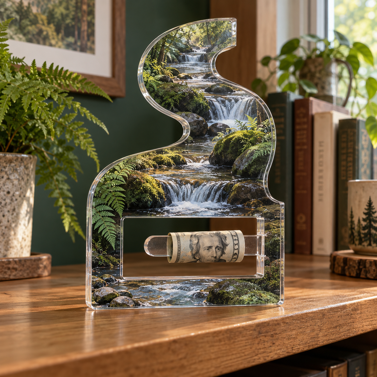 Fernlight Forest Stream Nook Acrylic Cash Holder Ornament with printed optical 3D artwork in its use setting