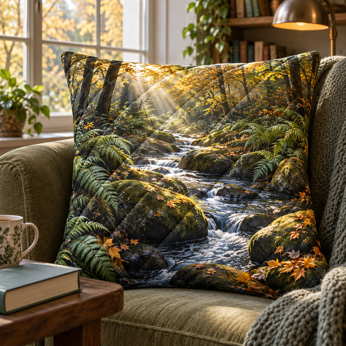 Fernlight Forest Stream Nook Quilted Cushion Cover with printed optical 3D artwork in its use setting