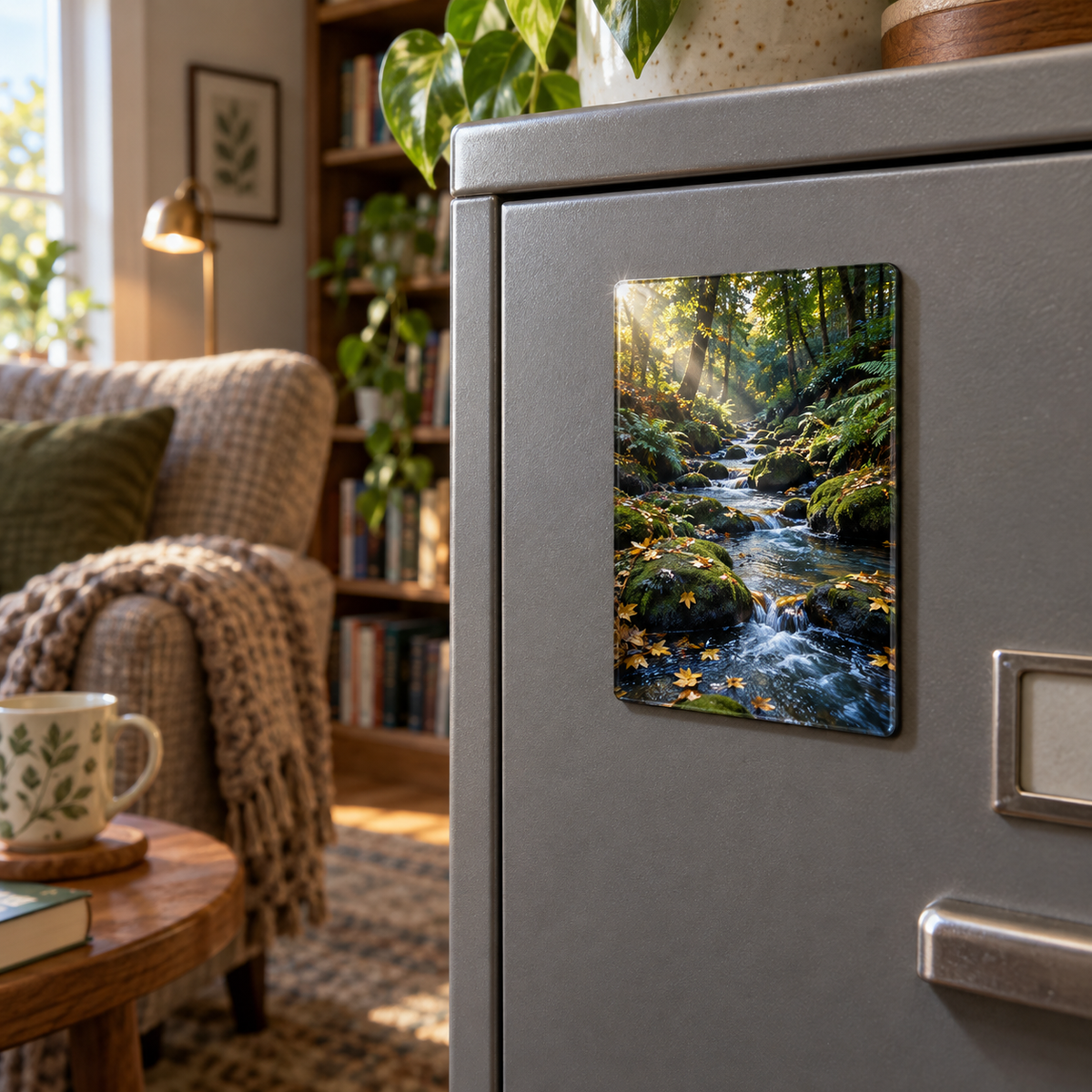 Fernlight Forest Stream Nook Acrylic Refrigerator Magnet with printed optical 3D artwork in its use setting