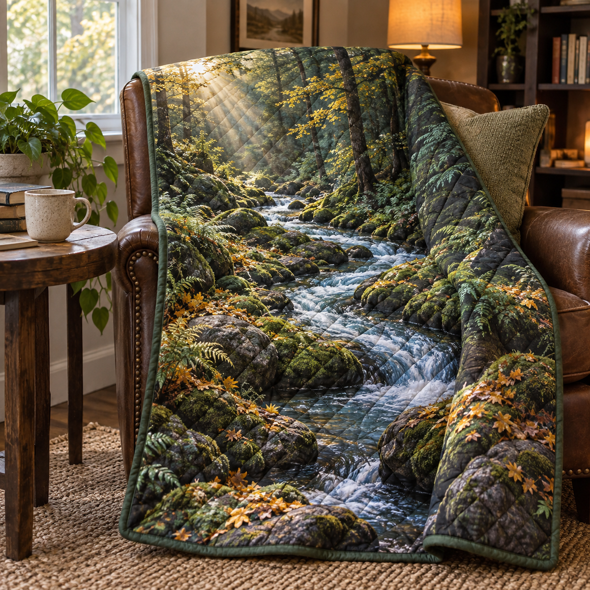 Fernlight Forest Stream Nook Quilt Blanket with printed optical 3D artwork in its use setting