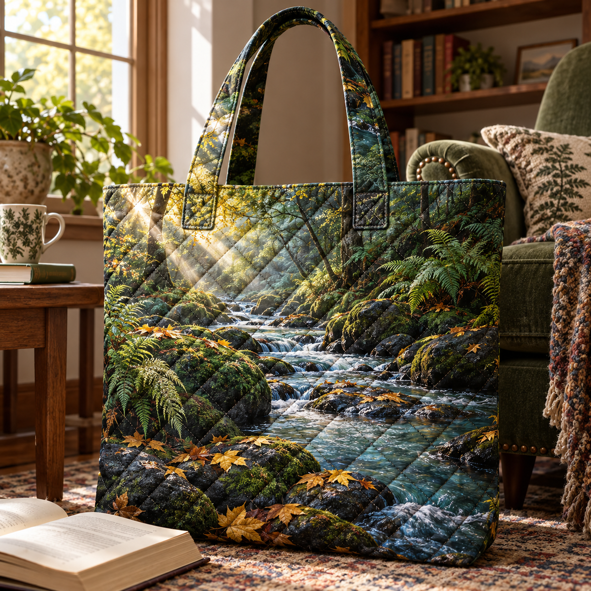 Fernlight Forest Stream Nook Quilted Tote Bag with printed optical 3D artwork in its use setting