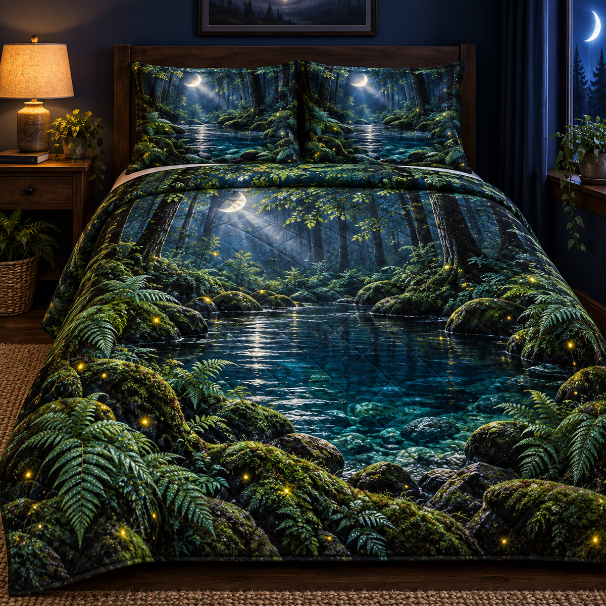 Moonveil Forest Pool Retreat Quilted Bedding Set with printed optical 3D artwork in its use setting