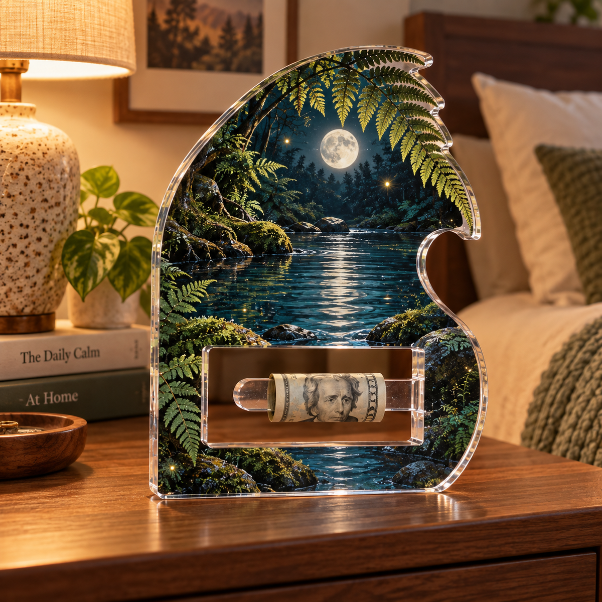 Moonveil Forest Pool Retreat Acrylic Cash Holder Ornament with printed optical 3D artwork in its use setting