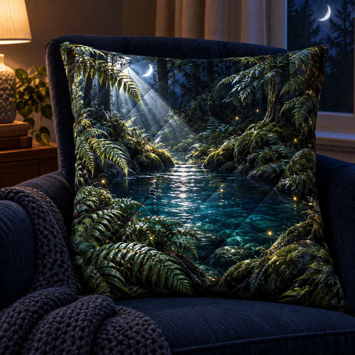Moonveil Forest Pool Retreat Quilted Cushion Cover with printed optical 3D artwork in its use setting