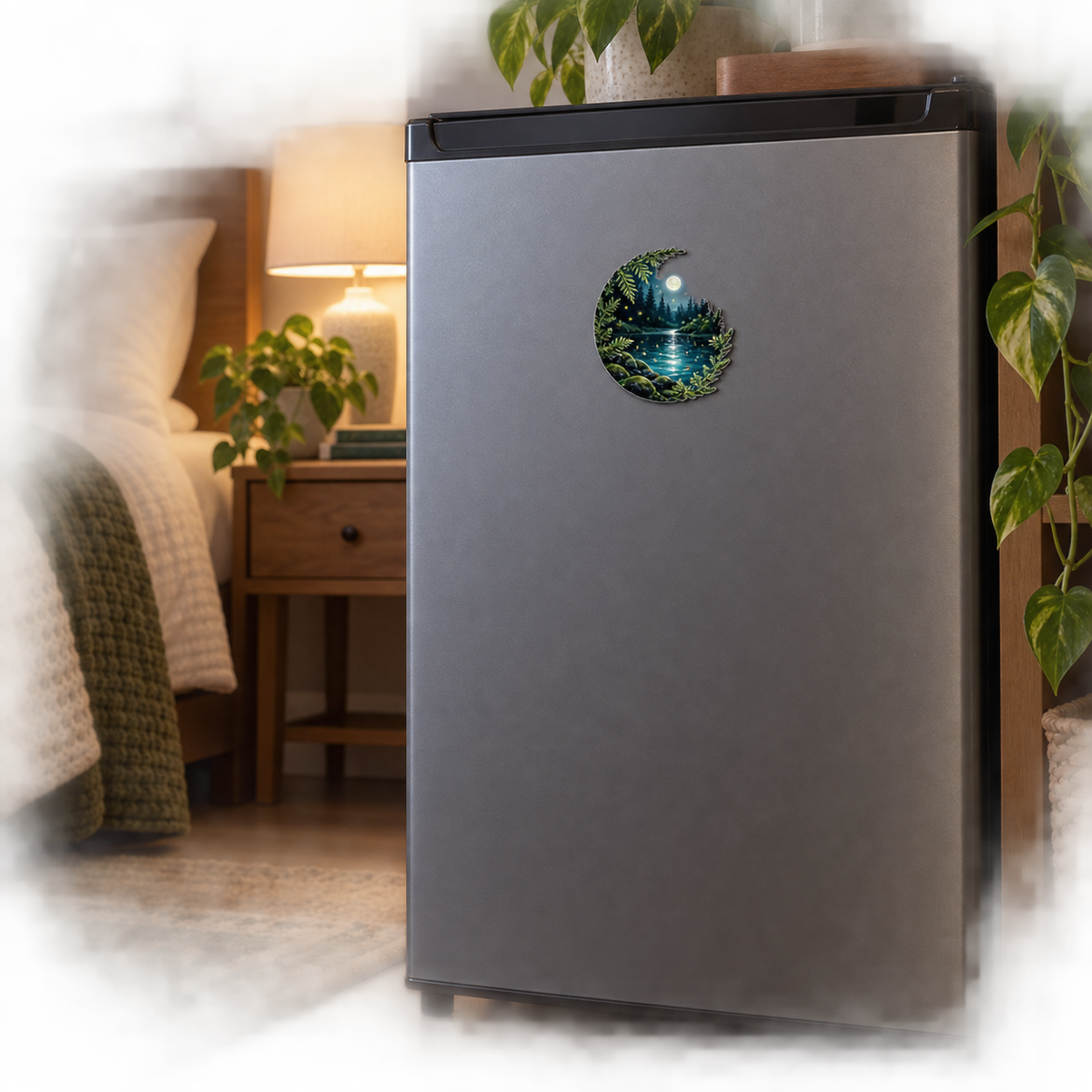 Moonveil Forest Pool Retreat Acrylic Refrigerator Magnet with printed optical 3D artwork in its use setting