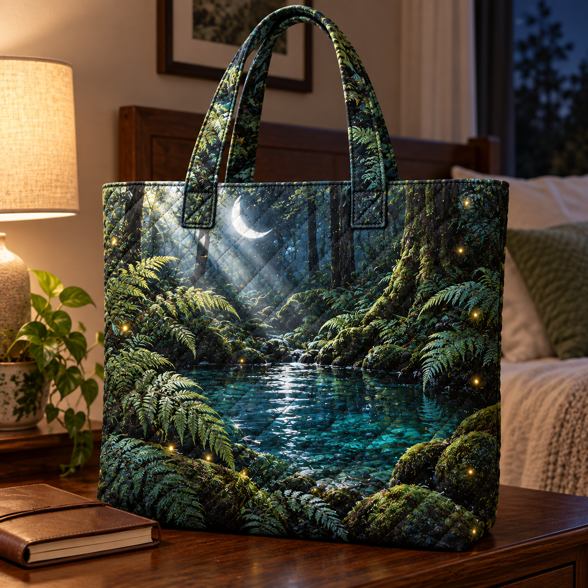 Moonveil Forest Pool Retreat Quilted Tote Bag with printed optical 3D artwork in its use setting