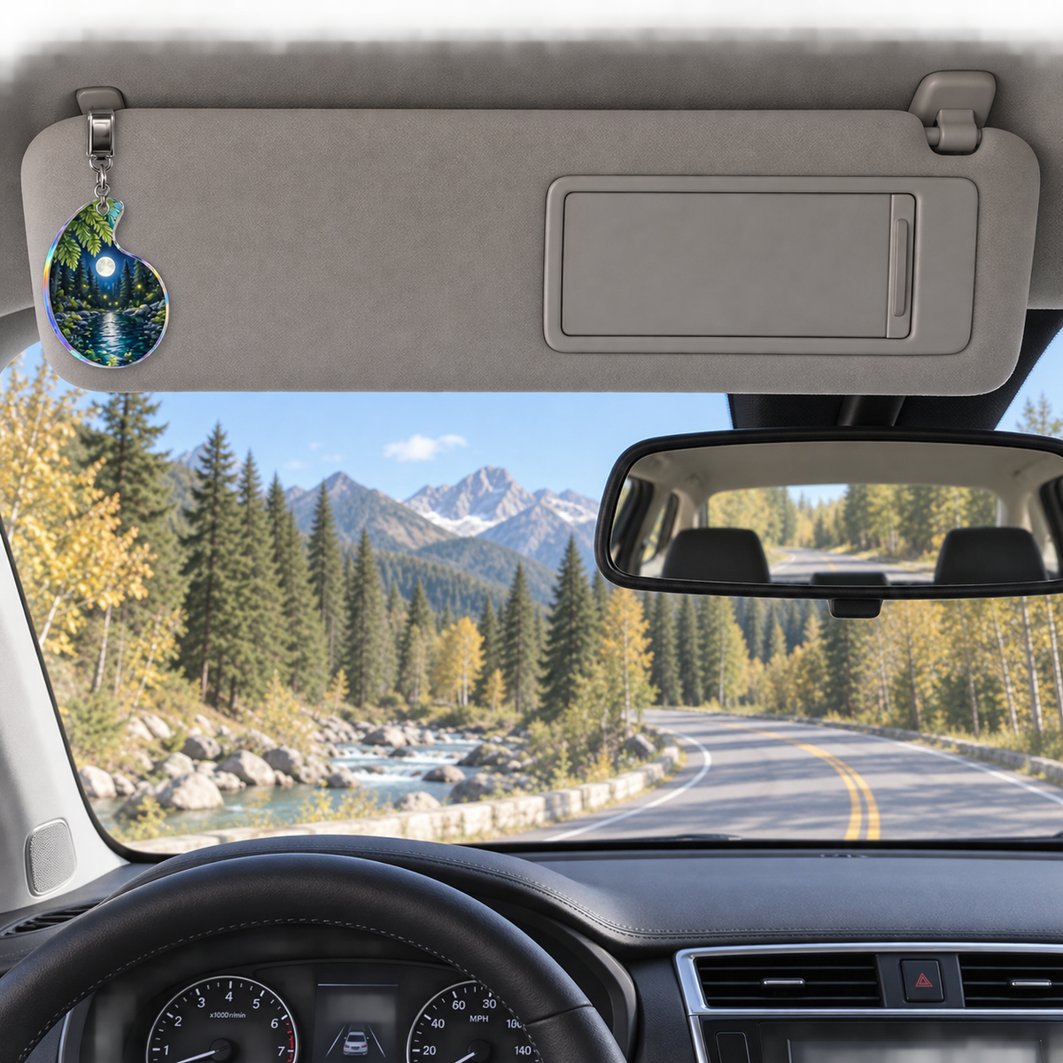 Moonveil Forest Pool Retreat Holographic Car Visor Clip with printed optical 3D artwork in its use setting
