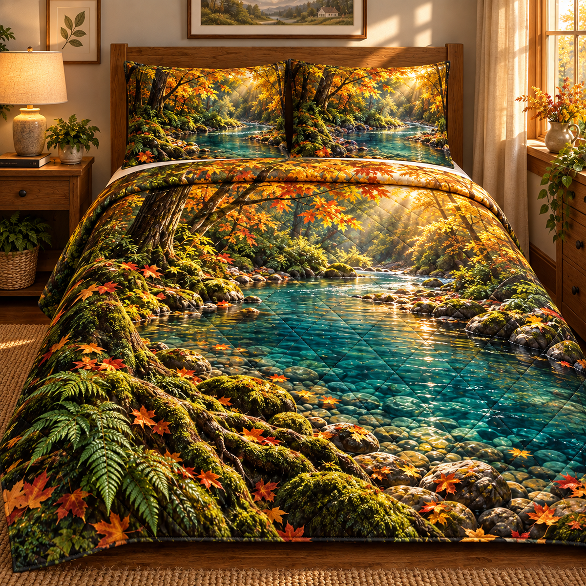 Amberbend Creek Living Room Quilted Bedding Set with printed optical 3D artwork in its use setting