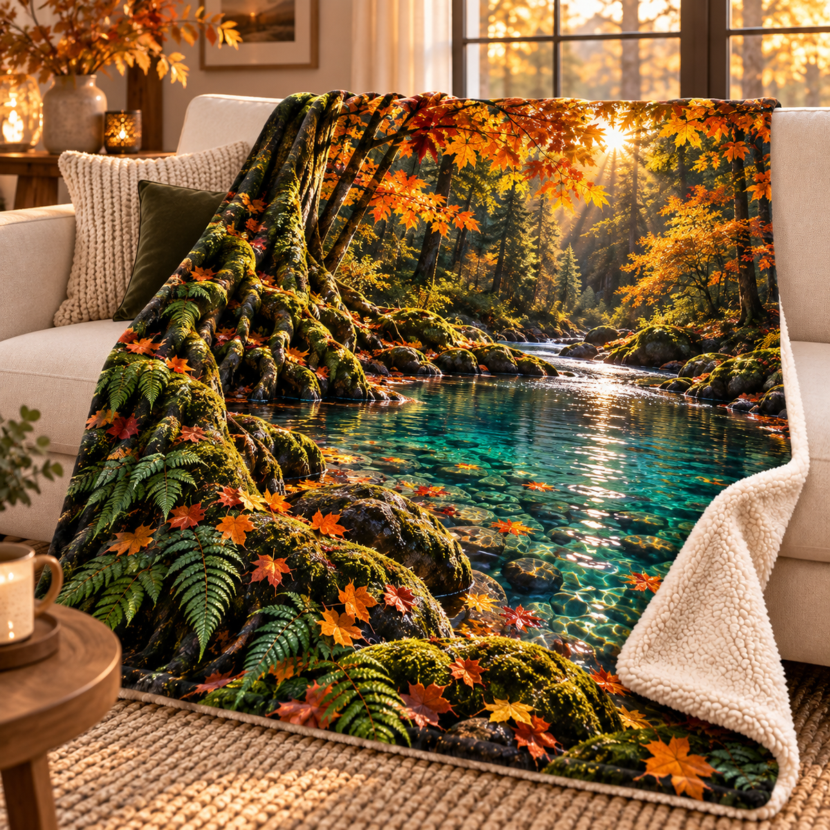 Amberbend Creek Living Room Sherpa & Fleece Blanket with printed optical 3D artwork in its use setting