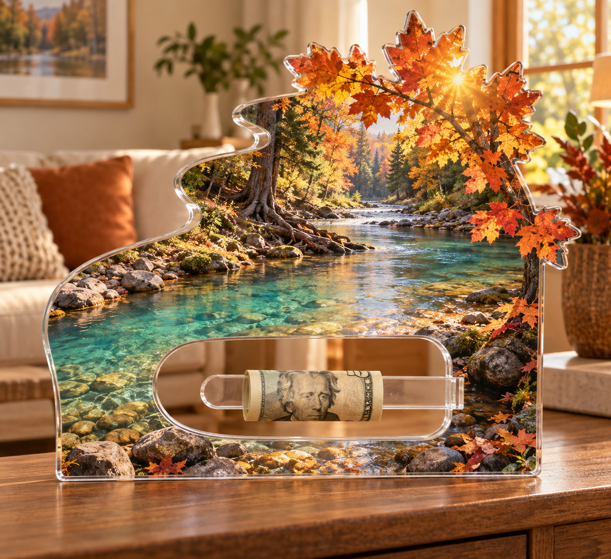 Amberbend Creek Living Room Acrylic Cash Holder Ornament with printed optical 3D artwork in its use setting