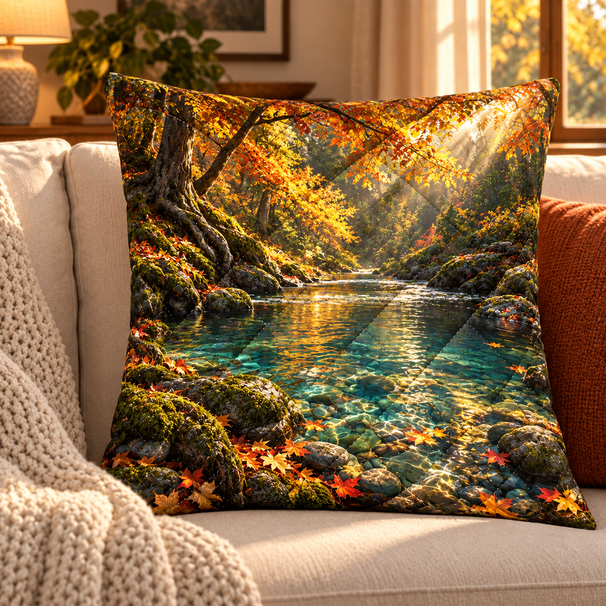 Amberbend Creek Living Room Quilted Cushion Cover with printed optical 3D artwork in its use setting