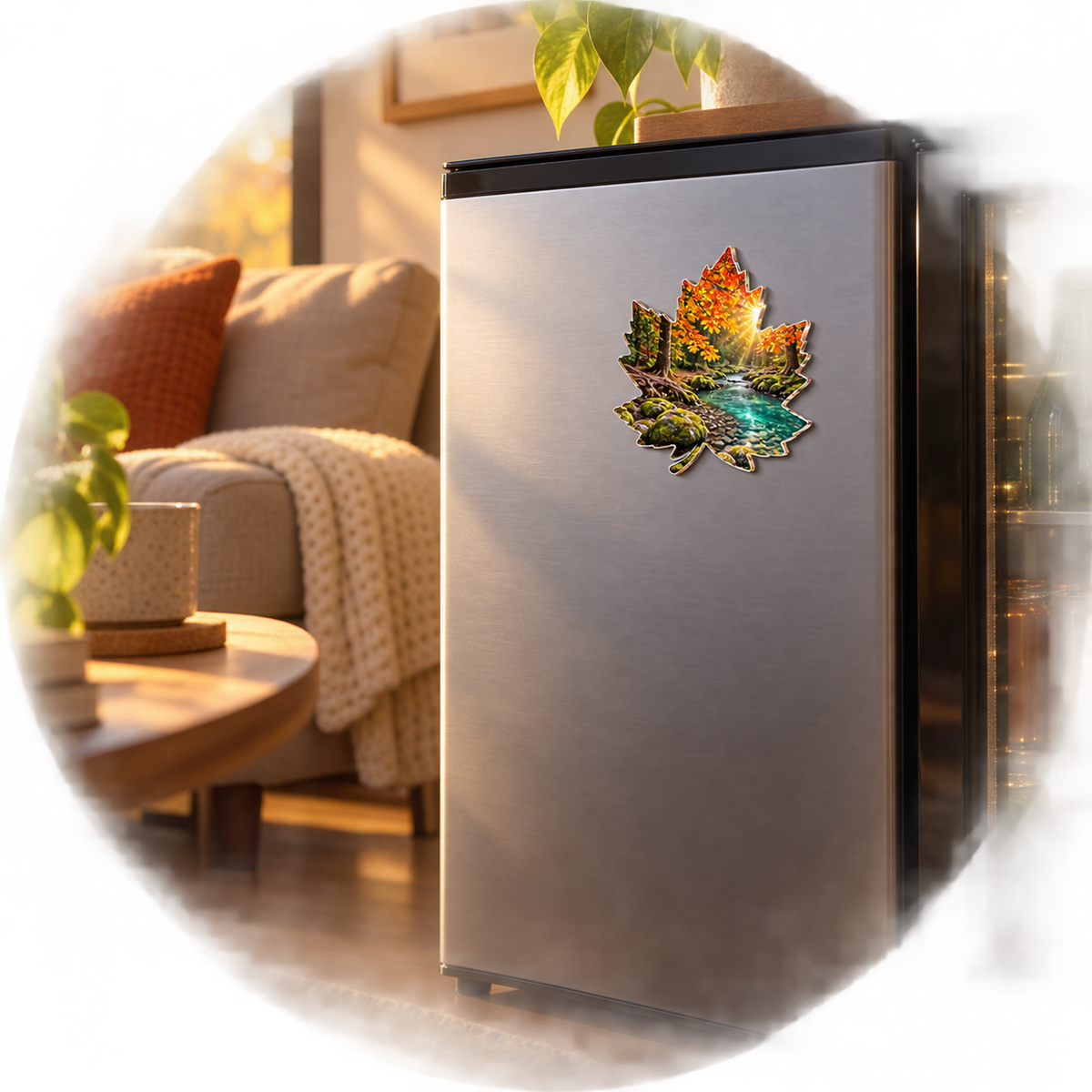 Amberbend Creek Living Room Acrylic Refrigerator Magnet with printed optical 3D artwork in its use setting